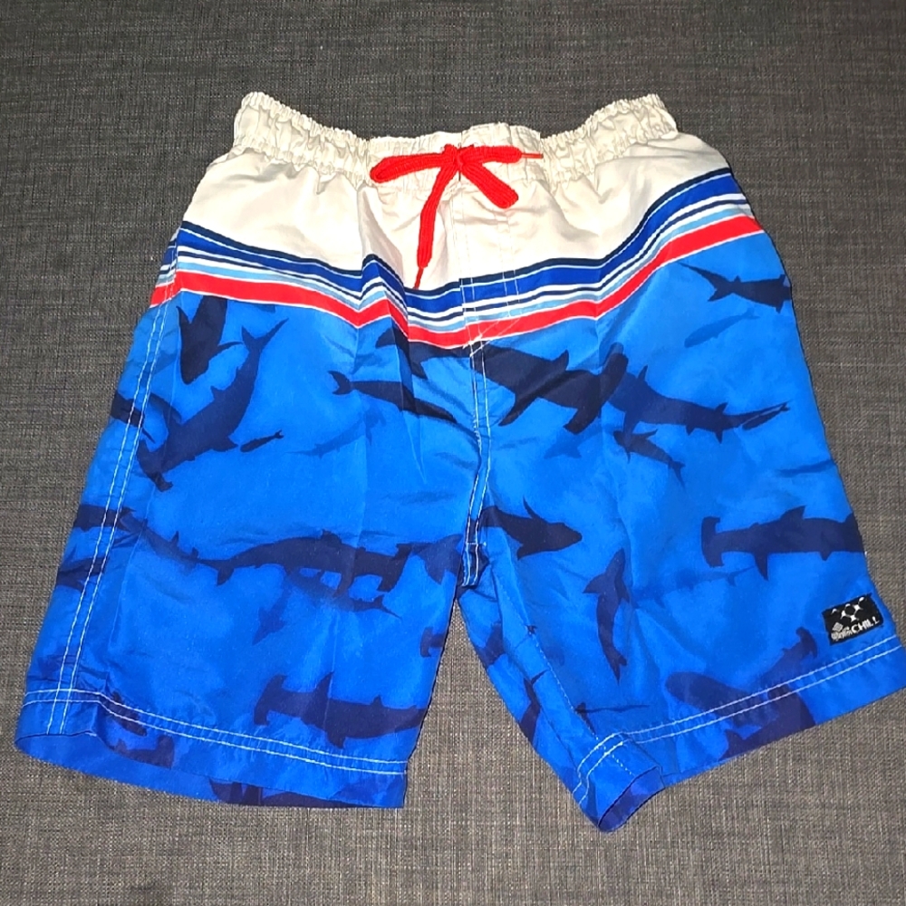 Vibrant Blue Color Blocked Swim Shorts with Shark Print